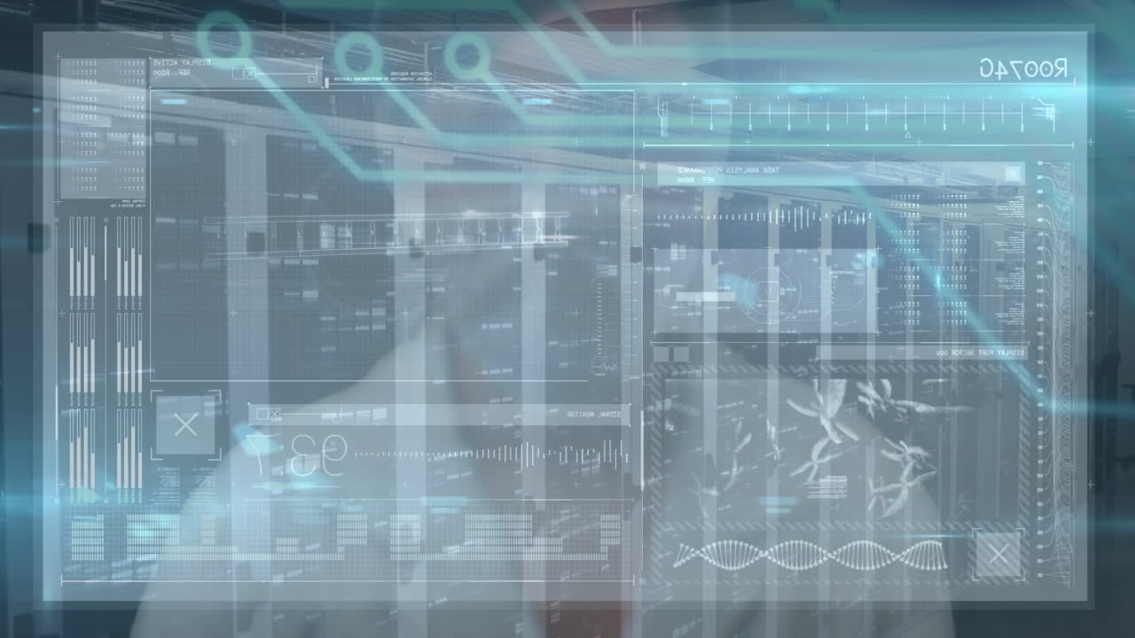 animación de una mujer caucásica usando pantalla táctil sobre diversos datos y servidores en segundo plano