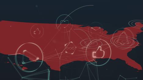 animation of network of digital icons over map of united states of america