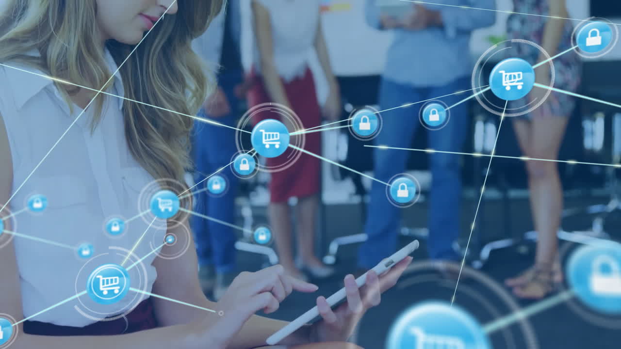 태블릿을 사용하는 백인 사업가 여성에 대한 아이콘과의 연결 네트워크의 애니메이션