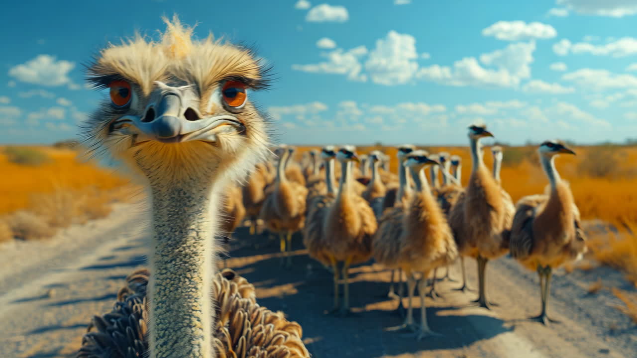 A Group of Ostriches Walking Along a Dusty Road in Bright Sunlight. A curious ostrich leads a flock along a dusty road under a bright blue sky.