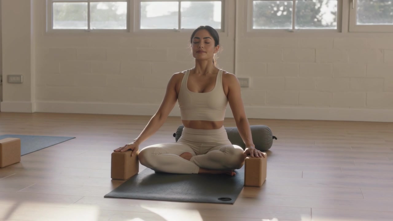 Mulher inspirando, em roupa esportiva, levantando o peito, movendo as mãos em blocos de yoga e tapete para a calma.