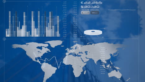 animación del procesamiento de datos financieros y mapa del mundo sobre edificios de oficinas modernos.