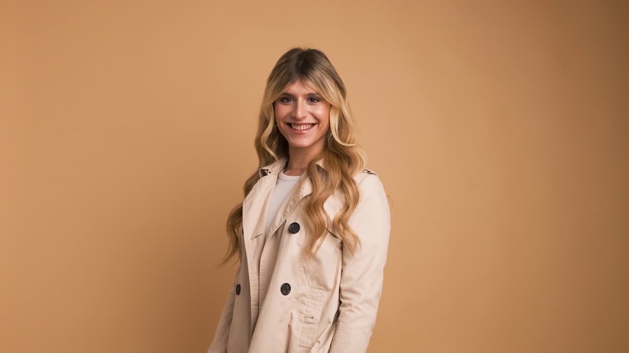 Happy transgender woman in trench coat standing against beige background