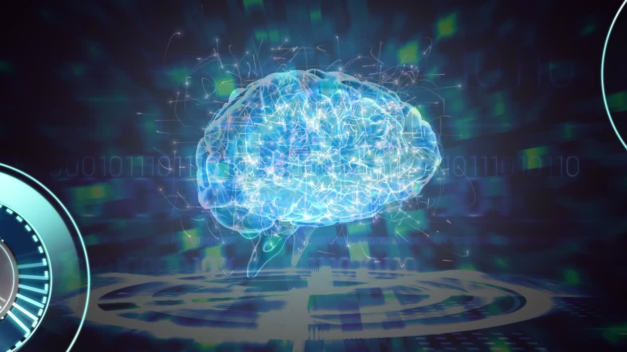 Animation of digital interface with brain on dark background