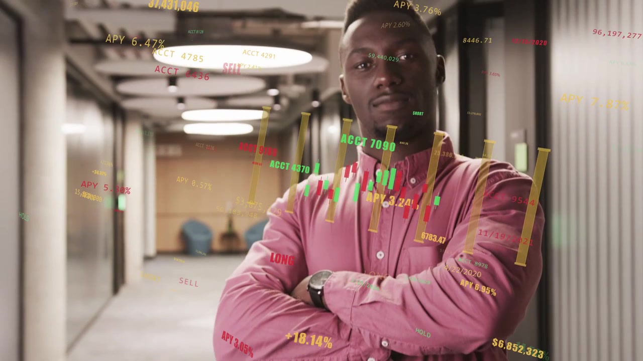 Man shifting stance as animated finance charts and APY appearing, crossing arms showing poise