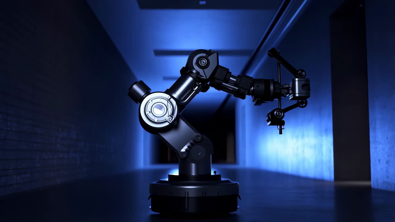 A robotic arm in a futuristic blue-lit corridor