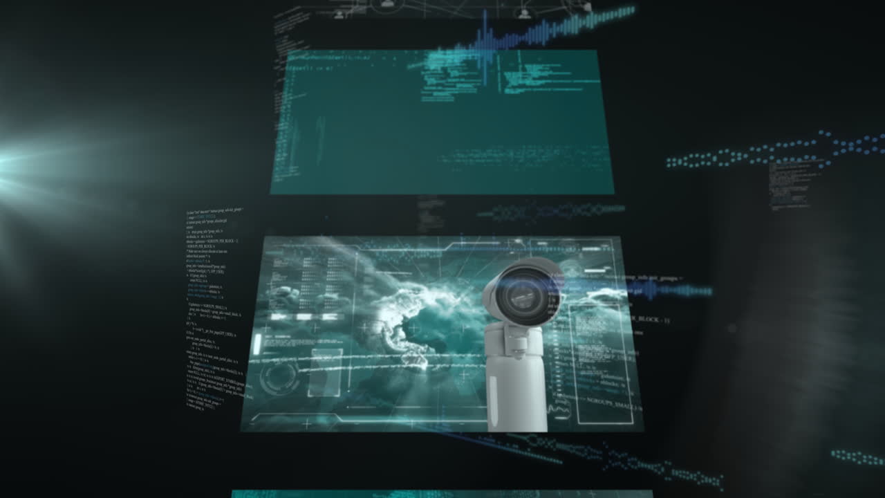 Surveillance camera and digital data processing animation over futuristic screens