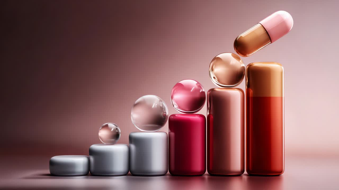 A Captivating Arrangement of Colorful Capsules and Glossy Spheres Displayed in a Gradual Sequence, Showcasing Vibrant Hues and Forms that Highlight the Intricacies of Pharmaceutical Design Artistry