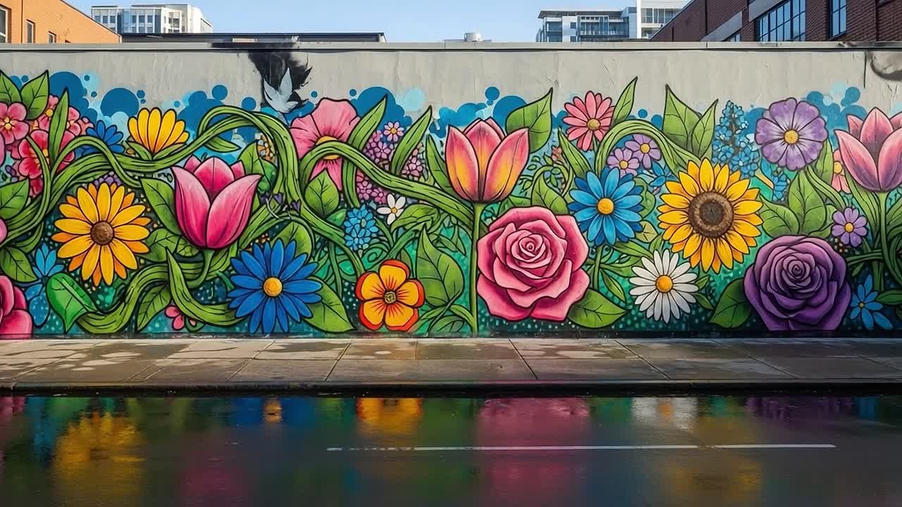 A Vibrant Exploration of Urban Art: Colorful Floral Mural Adorns City Streets with Beauty and Joy, While a Cyclist Passes by in a Dynamic Urban Environment