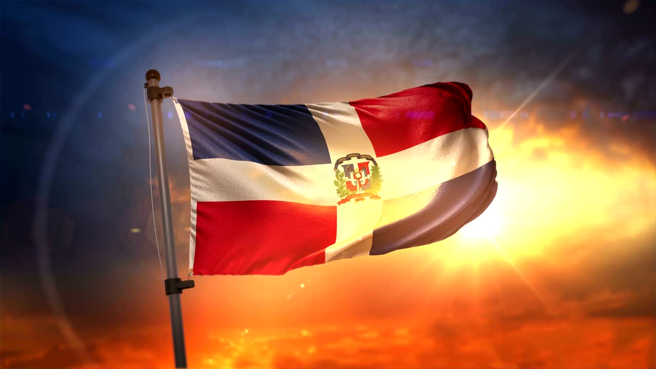 la bandera de la república dominicana retroiluminada en un hermoso ciclo de amanecer en cámara lenta 4k