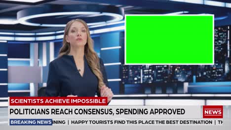 newsroom tv studio live news program: caucasian female presenter reporting, green screen chroma key screen picture. television cable channel anchor woman talks. network broadcast mock-up playback