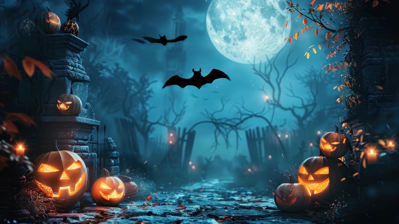 Scena spettrale di cimitero di Halloween con zucche intagliate luminose e pipistrelli
