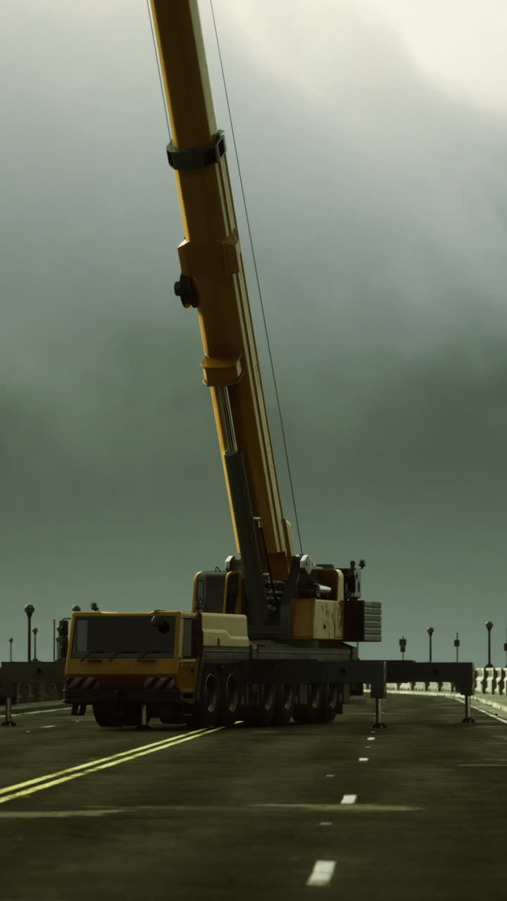 A towering crane looms against dark