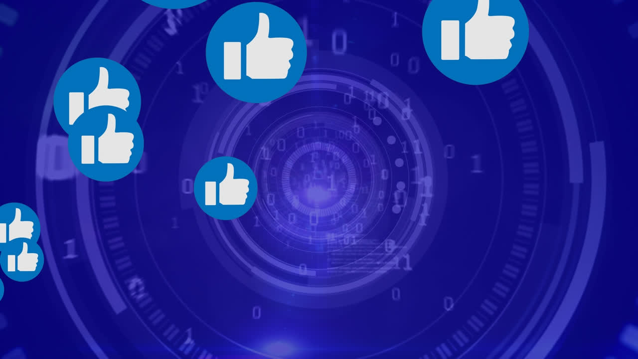 Animazione di icone "Mi piace" su un occhio con scansione a mirino e elaborazione dati.