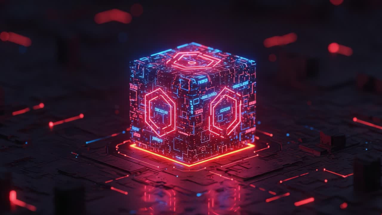 Futuristic Glowing Cube on a Digital Circuit Board