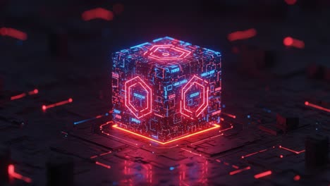 futuristic glowing cube on a digital circuit board