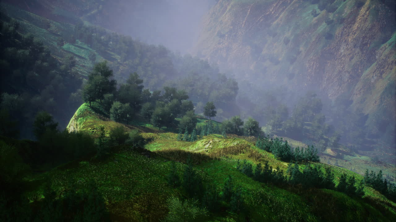 Lush green hills and misty mountains invite exploration in a vibrant landscape