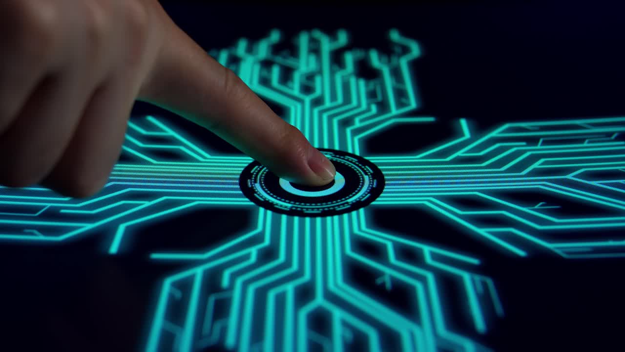 Side View, Human Finger Pushes Touch Digital Power Button With Futuristic Artificial Intelligence Spreading Through Internet. Visualization Of Machine Learning, Computer Technology, Neural Network