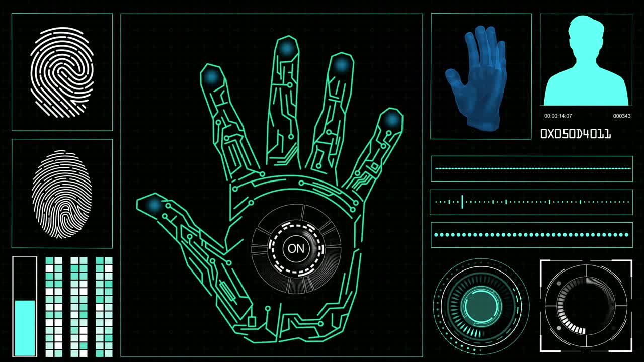 элементы hud на компьютерном дисплее с сканированием рук и отпечатками пальцев на экране.