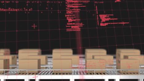 animación del patrón de cuadrícula y el lenguaje informático sobre cajas de cartón contra un fondo negro