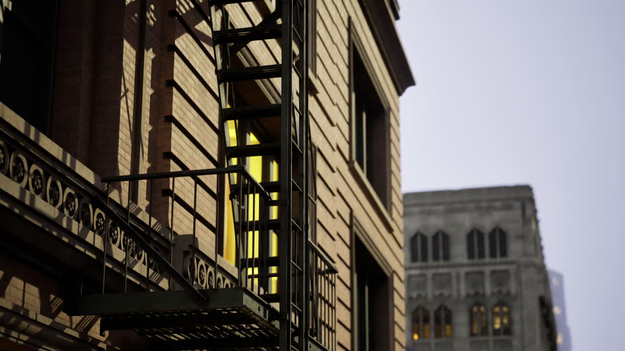 vista nocturna urbana con escalera de incendios en un edificio en el centro de la ciudad