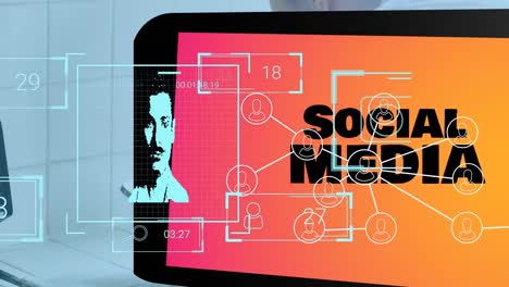 animation of social media text and icons over caucasian man using smartphone