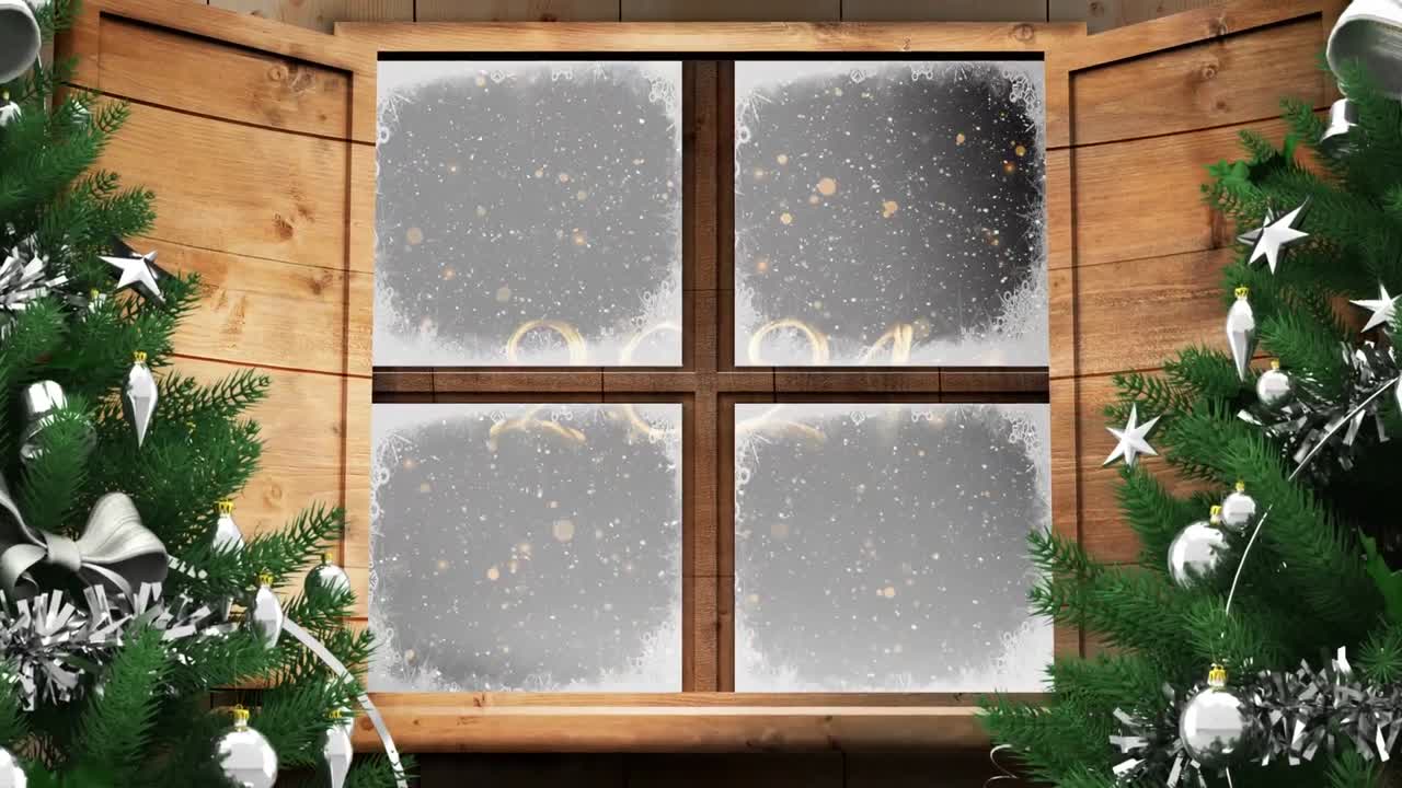 2024 문자와 오렌지색 반점 위에 내리는 눈에 대한 두 개의 크리스마스 트리와 창문 프레임