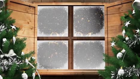 Two-christmas-trees-and-window-frame-against-snow-falling-over-2024-text-and-orange-spots