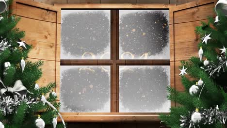 Two christmas trees and window frame against snow falling over 2024 text and orange spots