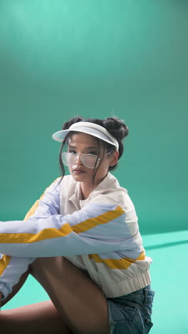 vertical video: young woman in stylish visor and jacket posing confidently in studio