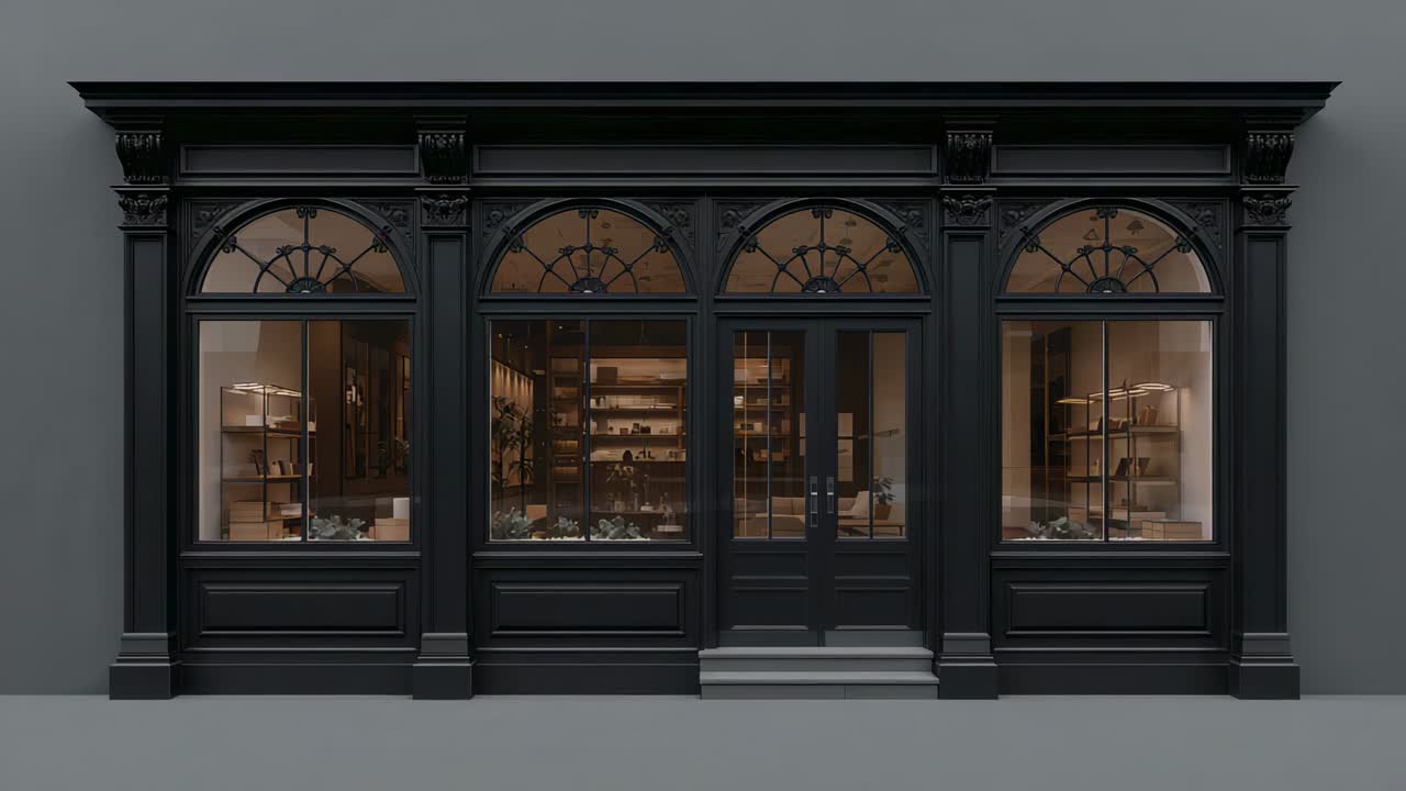 Revealing storefront on street as interior lights brightening, showing shelves and potted plant
