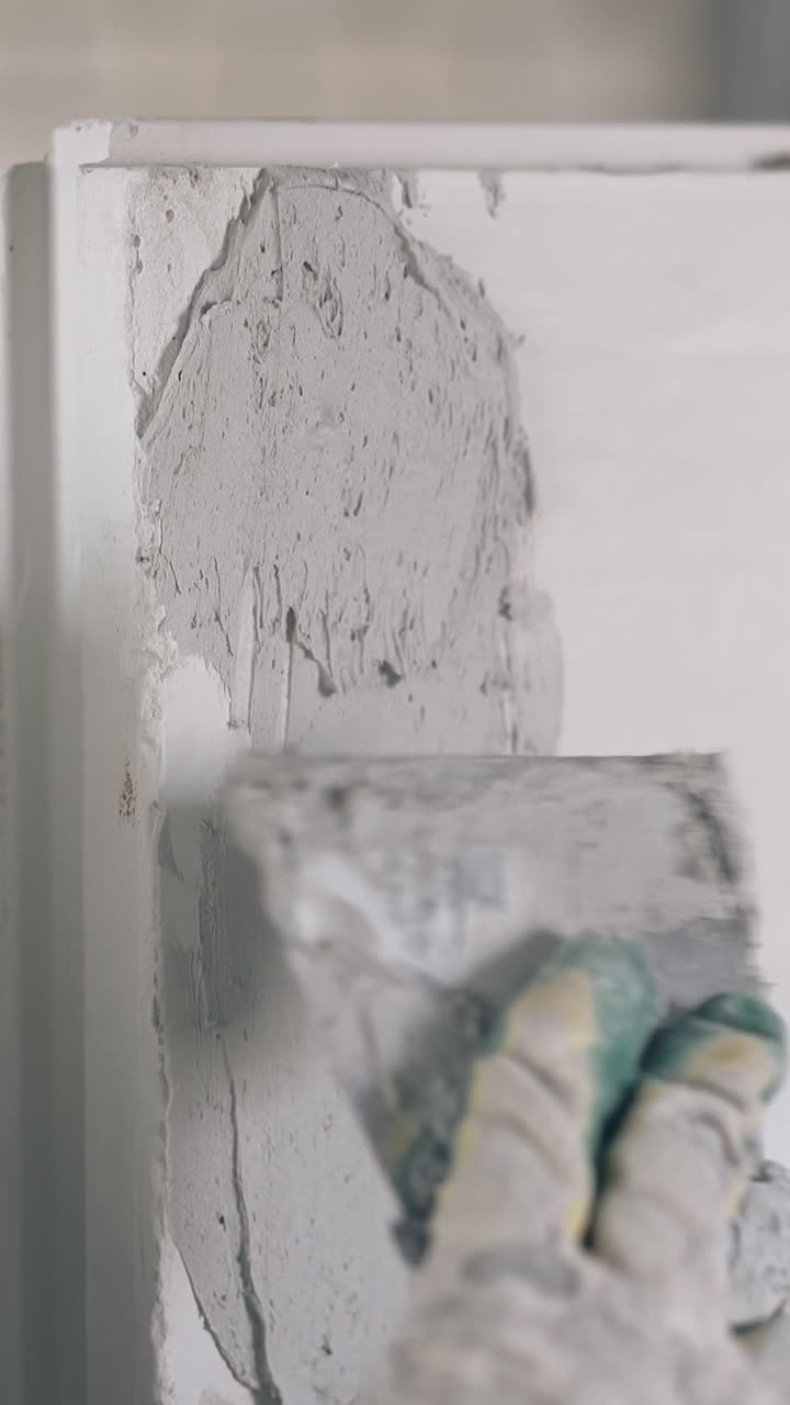 professional painter hand in gloves holds special metal equipment and smears gypsum pasteboard wall with primer closeup