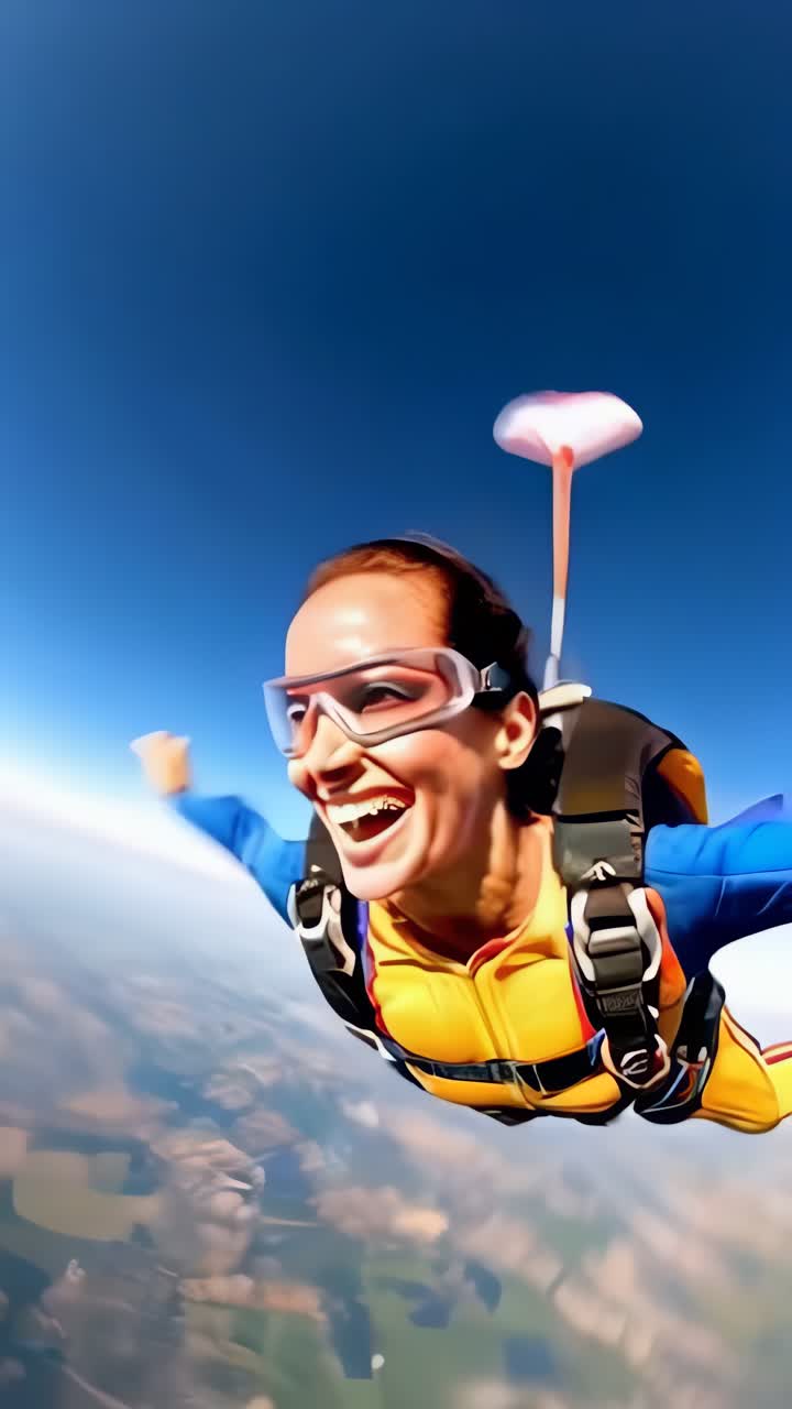 Una giovane donna caucasica che fa paracadutismo con entusiasmo in una giornata luminosa e soleggiata.