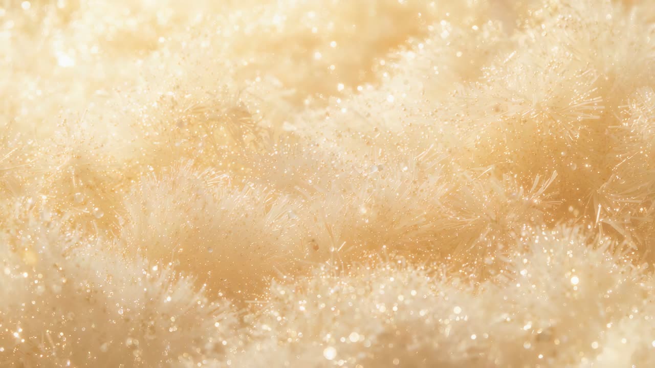 Shifting focus camera revealing golden fiber tufts in studio macro, exposing sparkles and debris
