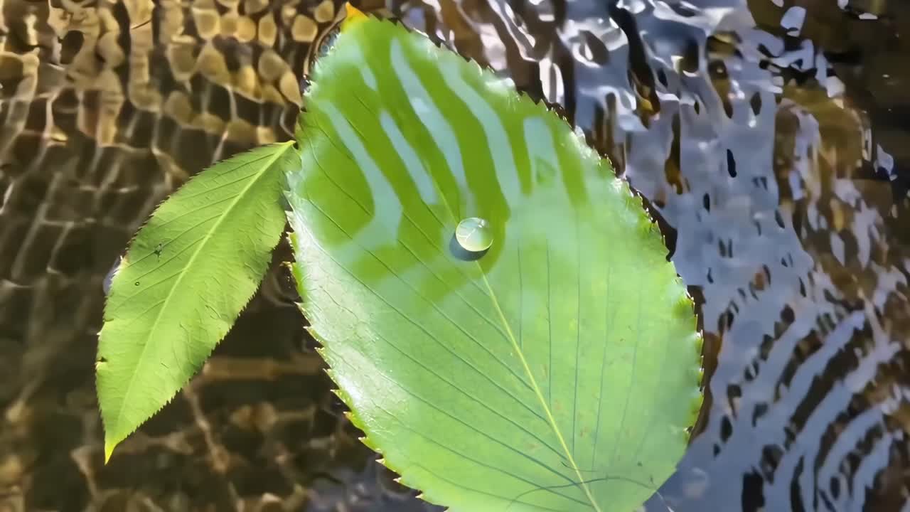 Video aus der Draufsicht eines grünen Blattes mit einem Wassertropfen, der auf einer ruhigen Teichoberfläche schwimmt