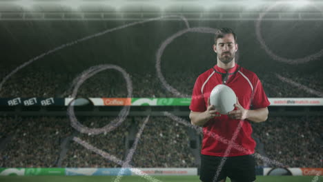 jugador de rugby profesional de pie frente a un estadio deportivo 4k