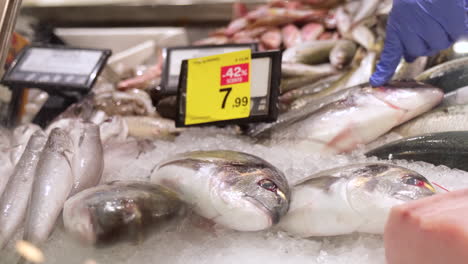 fishmonger indicating and picking a sea bream at the fish shop