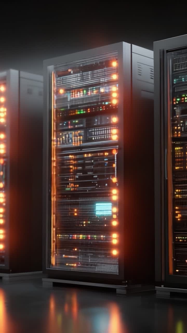 Et indblik i hjertet af moderne computing: Et nærbillede af serverracks oplyst med dynamiske lys, som repræsenterer databehandling og lagringsløsninger