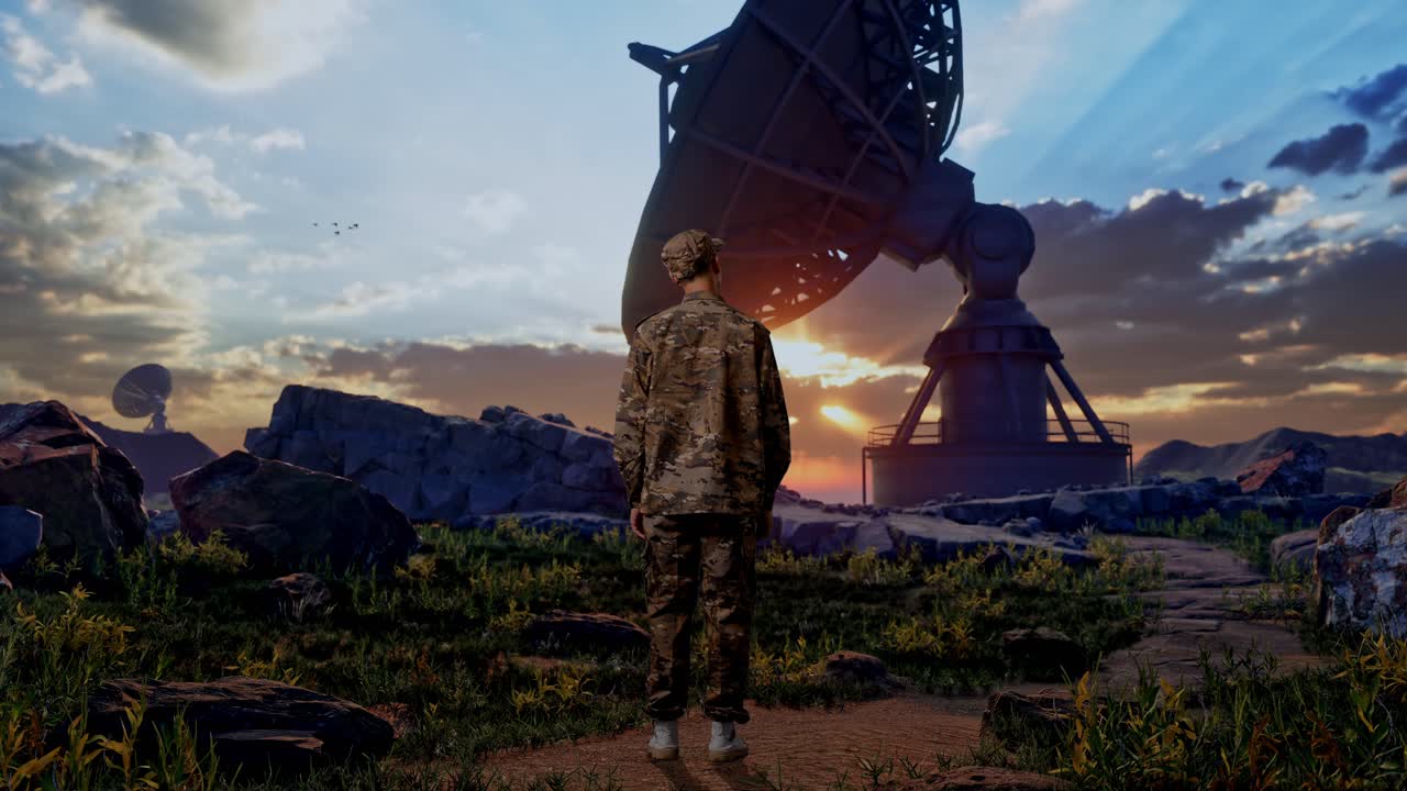 Full Body Of Back View Of Asian Man Soldier Looking Around While Standing With Satellite Dish