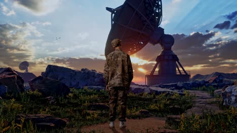 full body of back view of asian man soldier looking around while standing with satellite dish