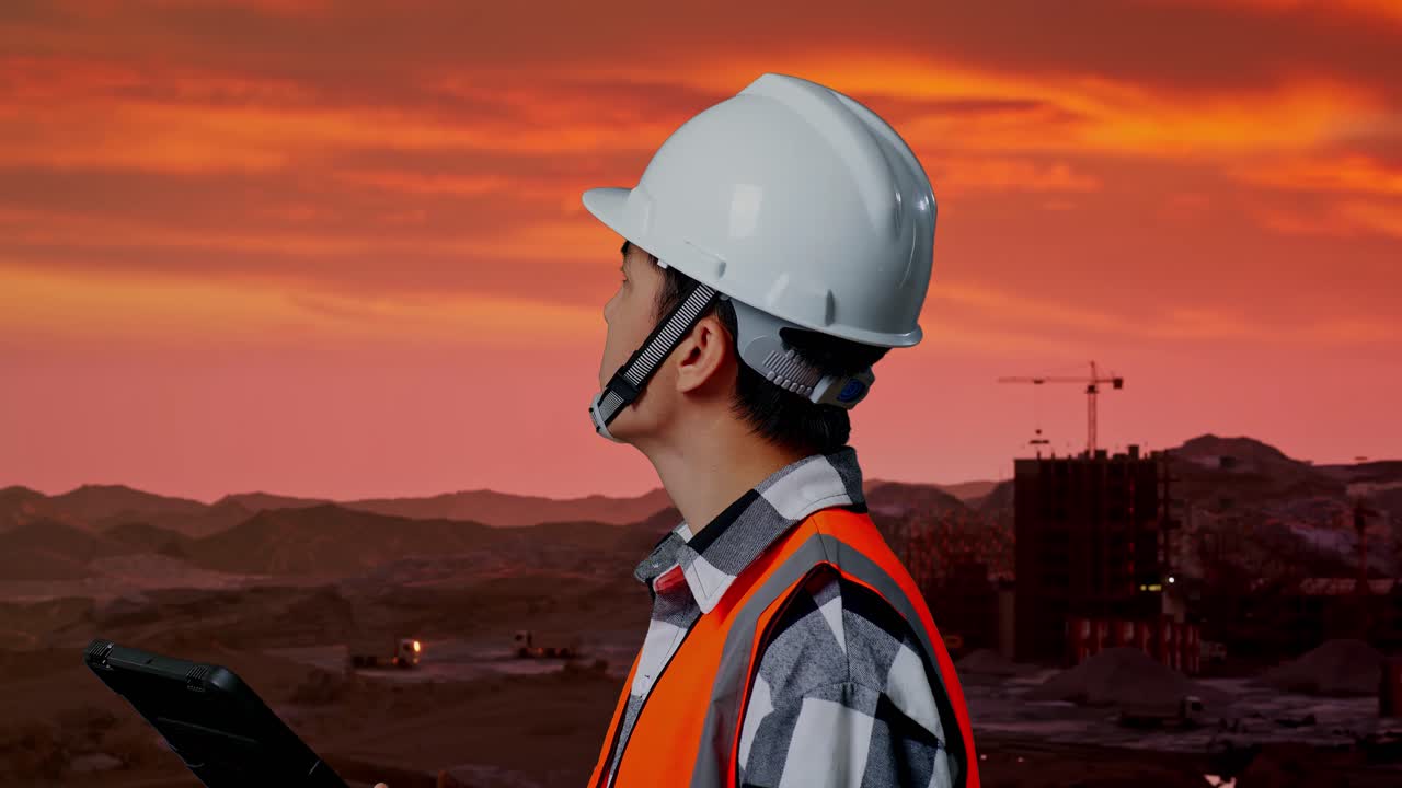 vista lateral de cerca de un ingeniero masculino asiático con casco de seguridad mirando la tableta en su mano y mirando a su alrededor mientras está de pie en el sitio de construcción, maquinaria de minería
