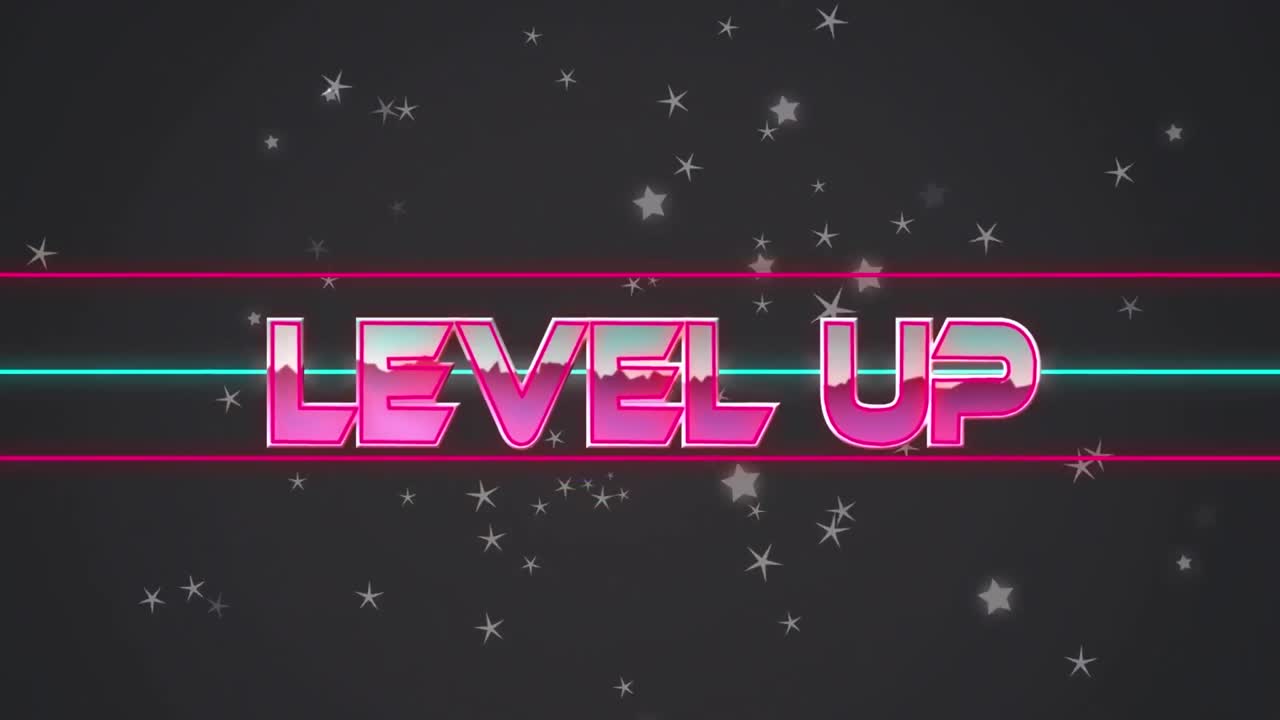 어두운 배경에 기하학적 모양 위에 레벨 업 텍스트의 애니메이션