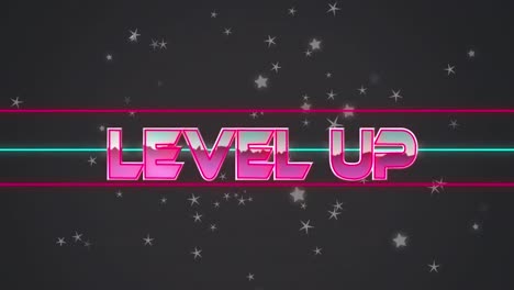 Animation-of-level-up-text-over-geometrical-shapes-on-dark-background