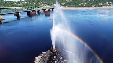 drone shot, fountain with a rainbow, turn around