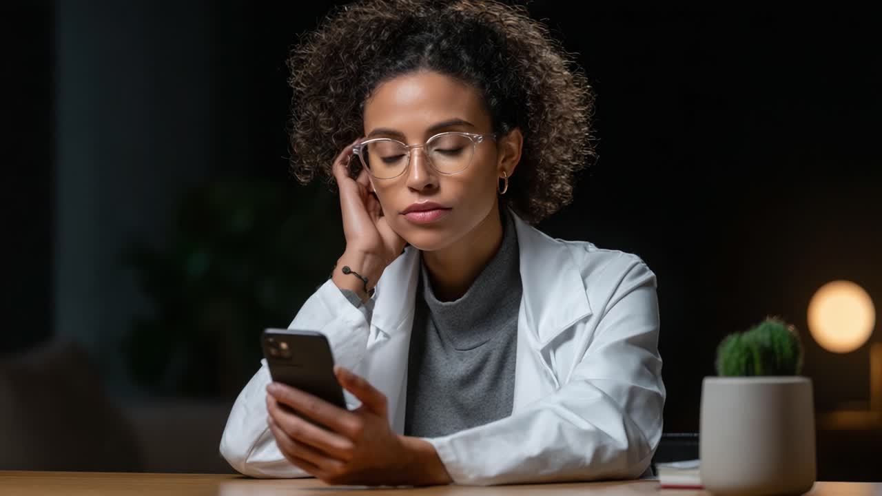 A focused individual in a lab coat, engaged with their smartphone in a dimly lit environment, balancing professionalism with modern connectivity and personal reflection