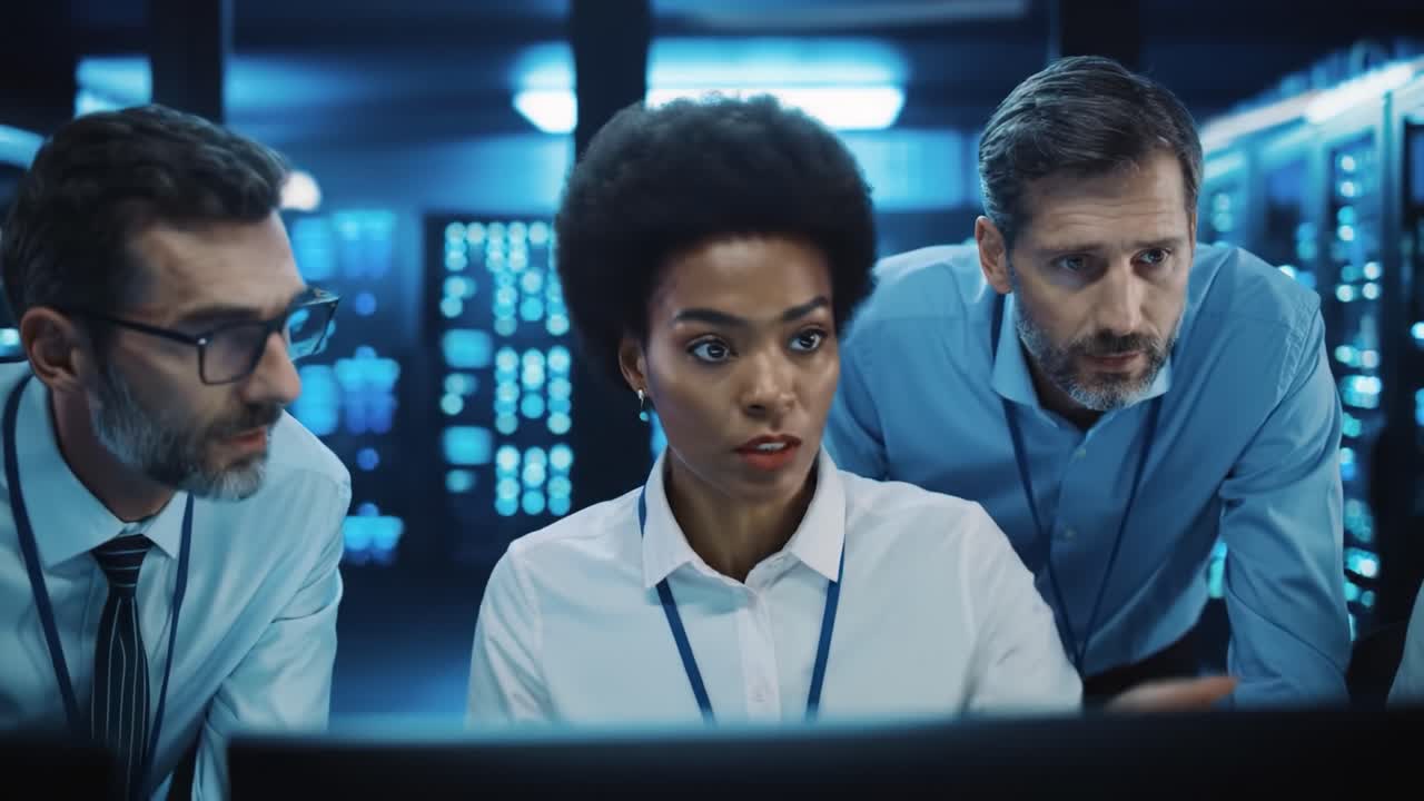 A Group of Professionals Analyzing Data in a High-Tech Server Room: Collaborative Insights and Problem-Solving in a Futuristic Environment