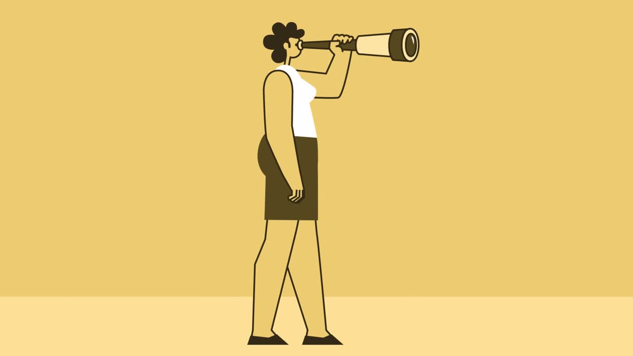 mujer de estilo amarillo personaje plano caminando ciclo y mirando a través del telescopio. animación de bucle aislado con canal alfa