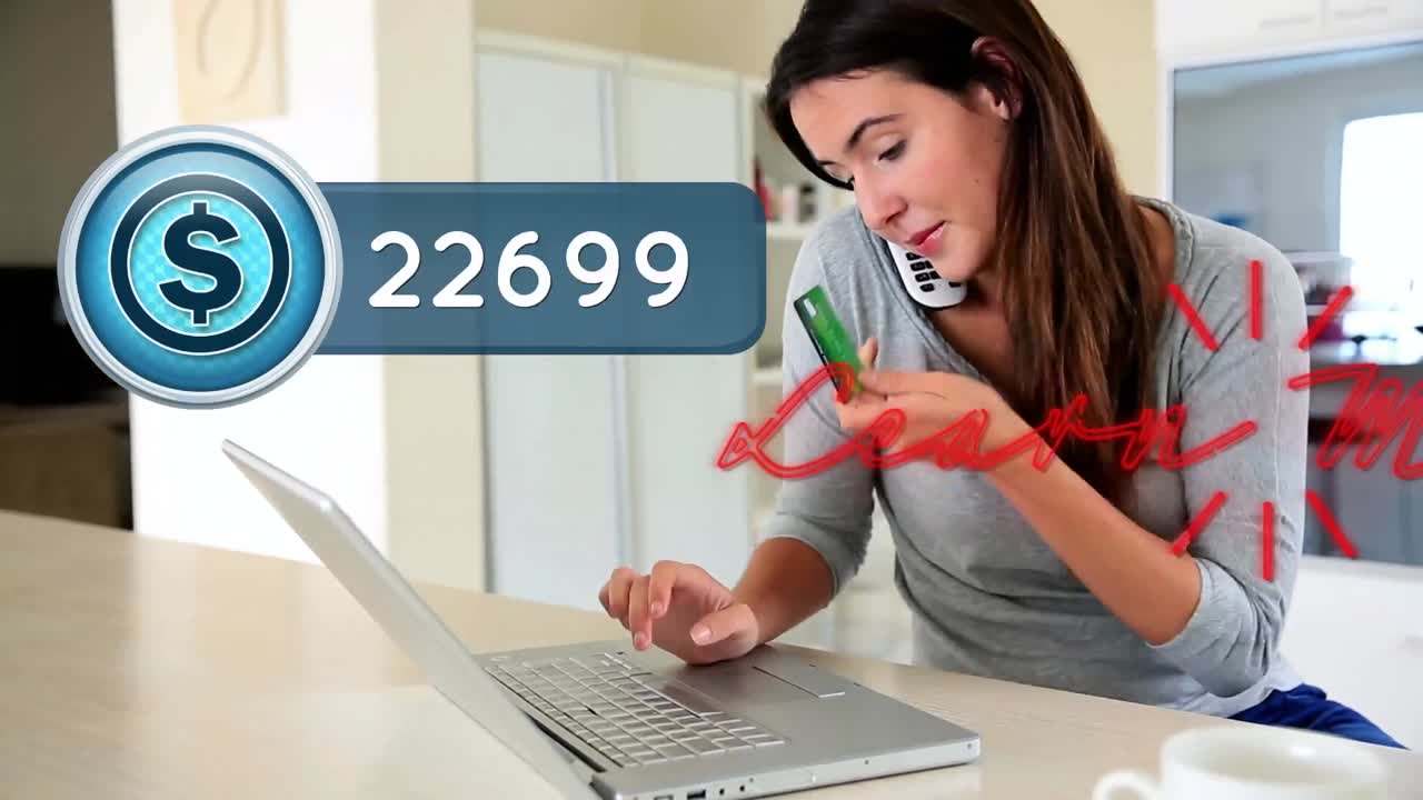 animación de texto de aprendizaje y icono de medios sobre mujer caucásica usando portátil.