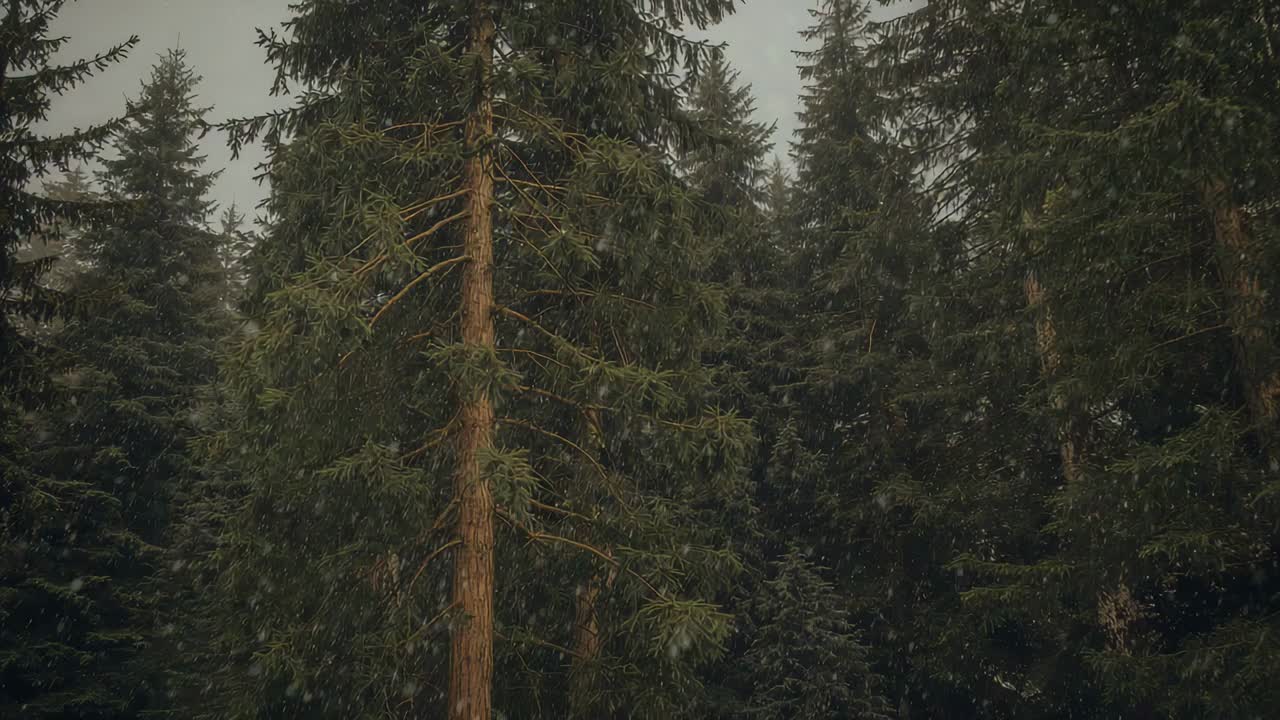 Svajende højt, stedsegrønt nåletræ med let hældende øvre grene i skov fra let vind og skyet himmel