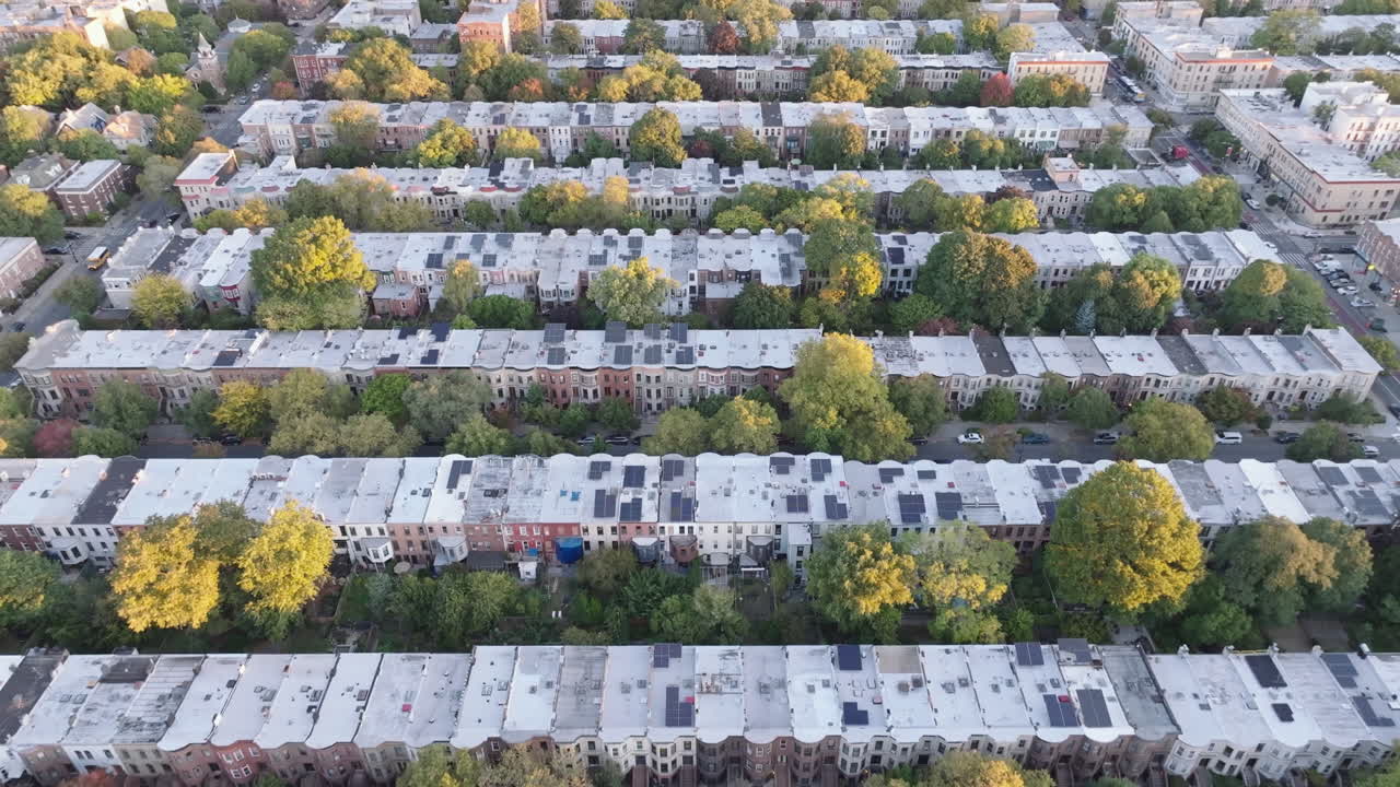 Aerial View of a Residential Neighborhood with Solar Panels